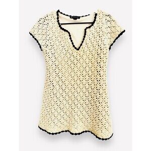 INC Chunky Knit Crochet White Short Sleeve Tee Sz M Cream Coastal